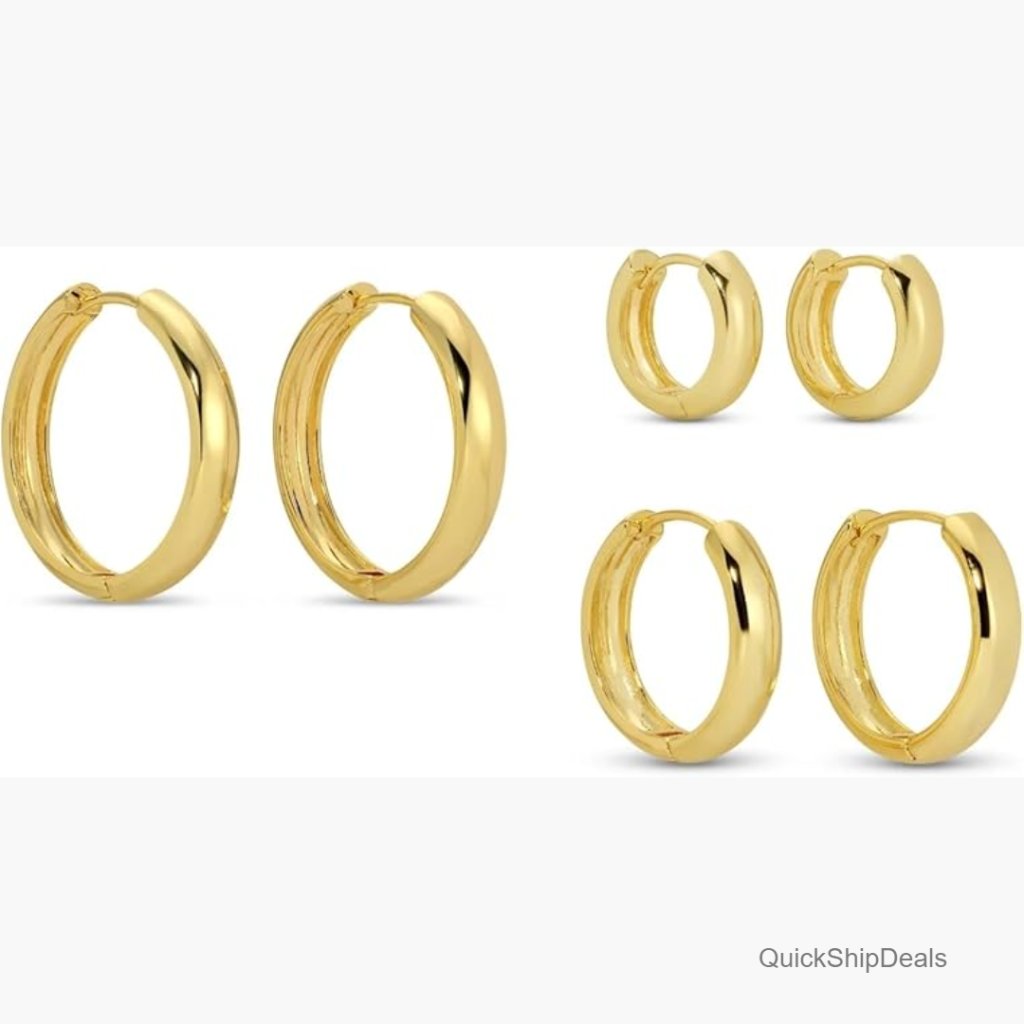 Gold Plated Graduated Hoop Earrings Set, 0.67-1.2 Inch Drop Range